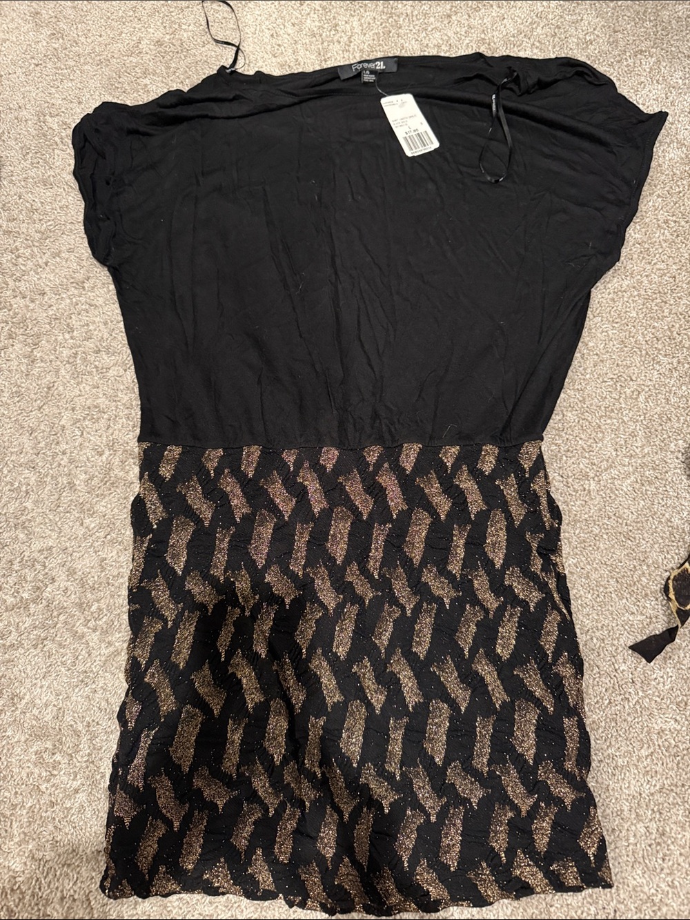 Forever 21 Black Top with Gold-Patterned Skirt